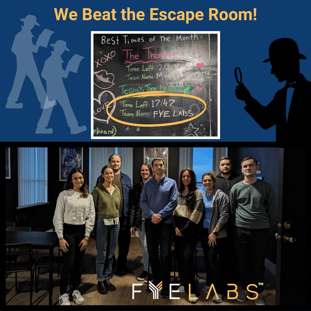 😯We ESCAPED with 17 minutes left! Our @fyelabs team made it onto the leadership board at the Next Level Escape Room. 🎉🕵We LOVE being #innovative problem-solvers & detectives together, using our skills to find #newtech solutions! 🔎Seeking #productdev detectives? We can help.