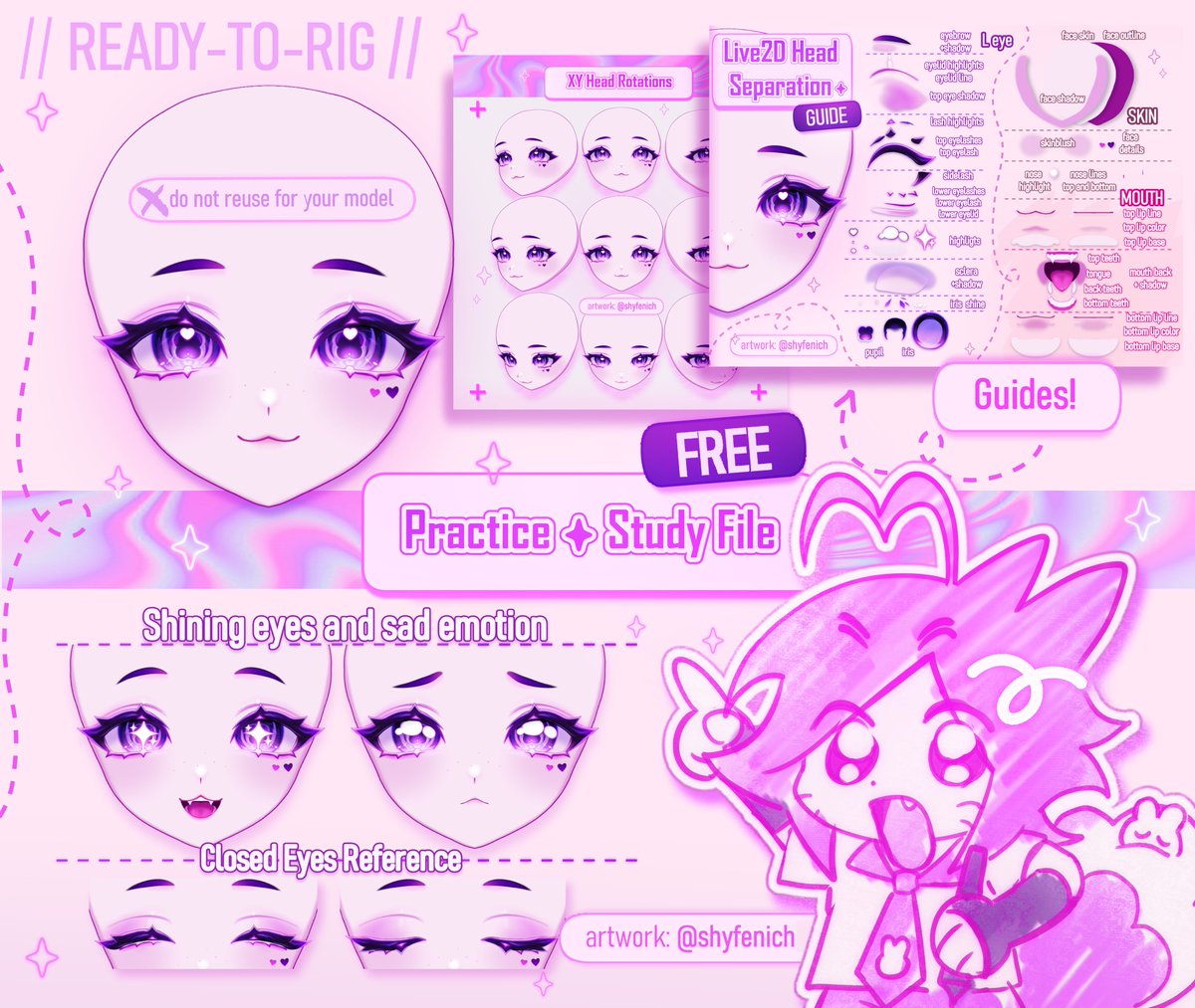 shyfenich's tweet image. ・‧₊˚✧ HEAD STUDY FILE ⋆。˚・✦
free for Live2d practice + separation guidance!
♡ + ↻ r appreciated!
Included:
1. PSD Ready-to-Rig file (+extra refs)
2. Head Separation Guide
3. XY Head Angles Guide
If you use it, please credit me 🩷
#Vtuber #Live2D #live2dtutorial