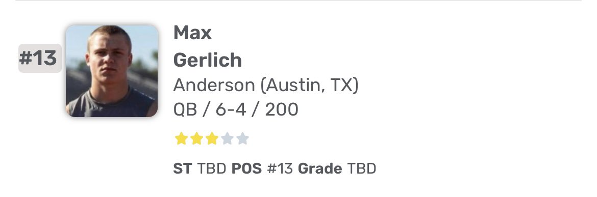 Max Gerlich (@max_gerlich) on Twitter photo Thank you for the three-star rating @tdrecruits. Honored to be ranked among the top quarterbacks in Texas.
<a href="/JScruggs247/">Jordan Scruggs</a> <a href="/Perroni247/">Brian Perroni</a> <a href="/MohrRecruiting/">Brian Mohr</a> <a href="/adamgorney/">Adam Gorney</a> <a href="/samspiegs/">Sam Spiegelman</a> @MarshallRivals Thank you for the three-star rating @tdrecruits. Honored to be ranked among the top quarterbacks in Texas.
<a href="/JScruggs247/">Jordan Scruggs</a> <a href="/Perroni247/">Brian Perroni</a> <a href="/MohrRecruiting/">Brian Mohr</a> <a href="/adamgorney/">Adam Gorney</a> <a href="/samspiegs/">Sam Spiegelman</a> @MarshallRivals