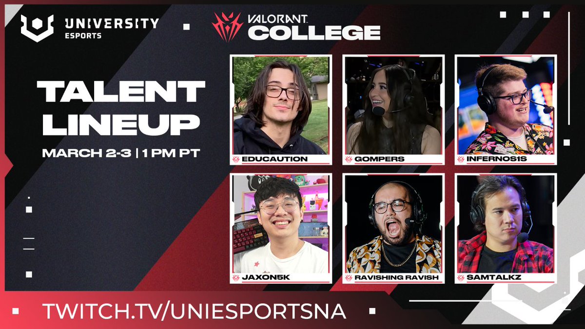 Let's give a warm welcome to our amazing talent lineup set to heat up the CVAL Winter Broadcast! ❄️ @educautious ❄️ @gompersx  ❄️ @Infernos1s ❄️ @Jaxon5k ❄️ @RavishingCasts ❄️ @samtalkztv Catch the broadcast at twitch.tv/uniesportsna on March 2 + 3 at 1PM PST ⛷️