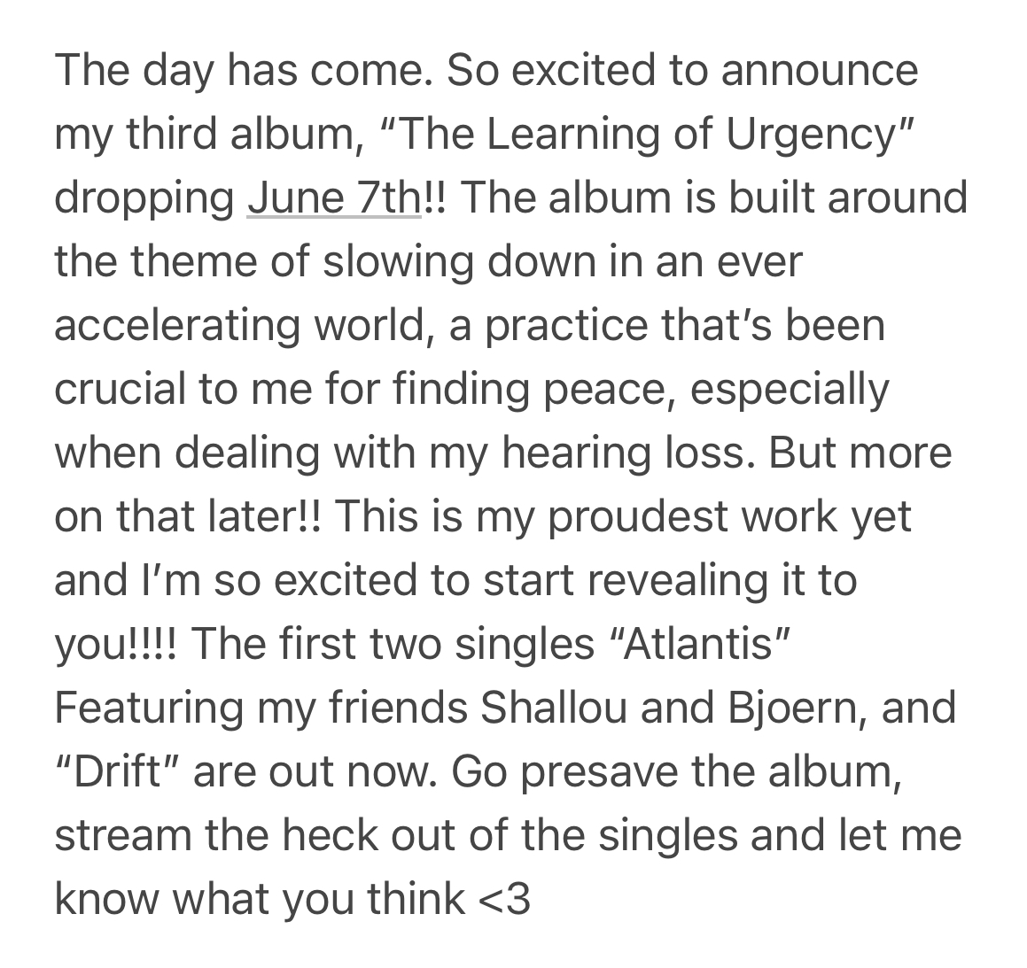 My third album, ‘The Learning of Urgency’ drops June 7th!!

Presave the album, stream the singles and let me know what you think: kasbo.lnk.to/tlou