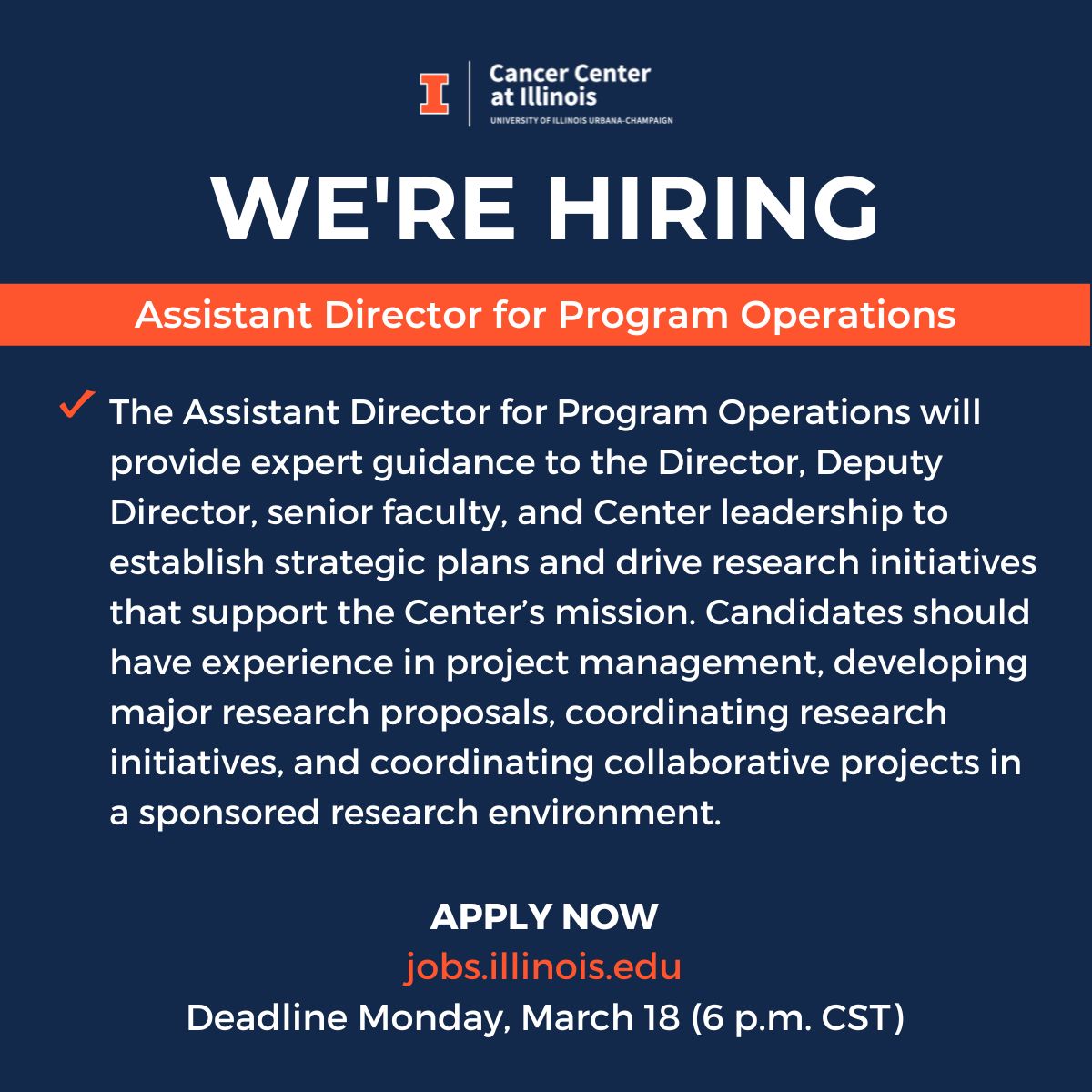 The Cancer Center at Illinois is hiring an Assistant Director for Program Operations.

👉Apply by March 18. More details here:
go.illinois.edu/ProgramOperati…