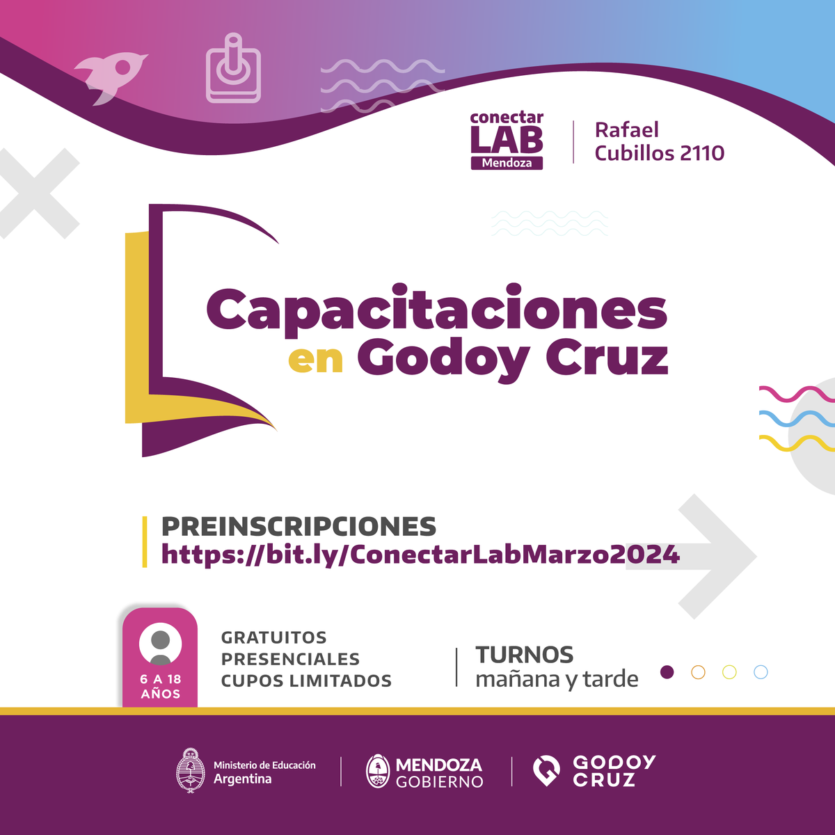 MuniGodoyCruz's tweet photo. Aprendé, experimentá y creá a través de los talleres de #ConectarLAB 💻.

👉 Están abiertas las preinscripciones para esta propuesta gratuita, presencial y con cupos limitados para chicos de 6 a 18 años.

📲 Conocé todos los cursos y capacitaciones en: https://t.co/4BRYE6xJfQ https://t.co/MEtdNiPPQg