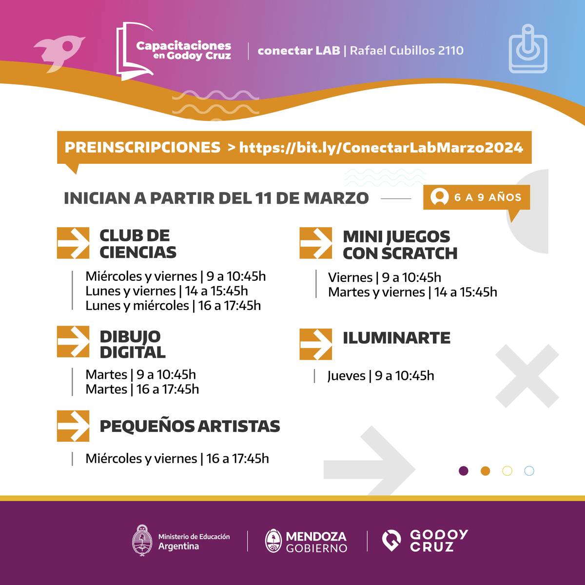 MuniGodoyCruz's tweet photo. Aprendé, experimentá y creá a través de los talleres de #ConectarLAB 💻.

👉 Están abiertas las preinscripciones para esta propuesta gratuita, presencial y con cupos limitados para chicos de 6 a 18 años.

📲 Conocé todos los cursos y capacitaciones en: https://t.co/4BRYE6xJfQ https://t.co/MEtdNiPPQg
