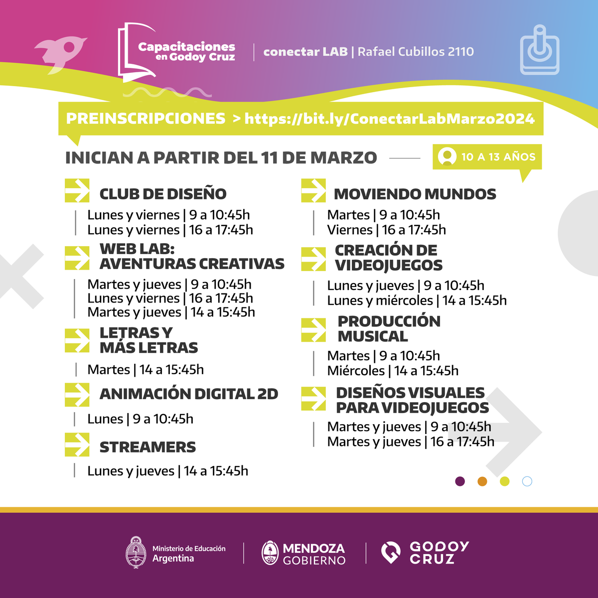 MuniGodoyCruz's tweet photo. Aprendé, experimentá y creá a través de los talleres de #ConectarLAB 💻.

👉 Están abiertas las preinscripciones para esta propuesta gratuita, presencial y con cupos limitados para chicos de 6 a 18 años.

📲 Conocé todos los cursos y capacitaciones en: https://t.co/4BRYE6xJfQ https://t.co/MEtdNiPPQg