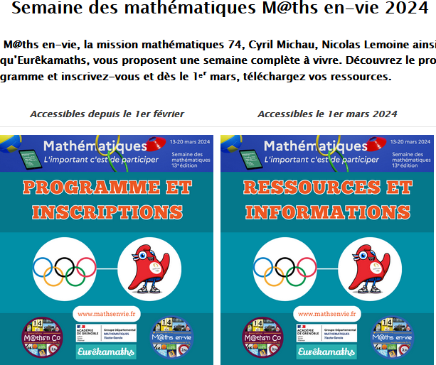 🔜 Tadam !

✅  Demain, comme convenu, vous pourrez accéder, depuis la page d'accueil de notre site, à toutes les informations et les documents pour participer avec nous à la semaine des mathématiques 2024...

▶️ Il est toujours temps de s'inscrire : mathsenvie.fr/semaine-des-ma…