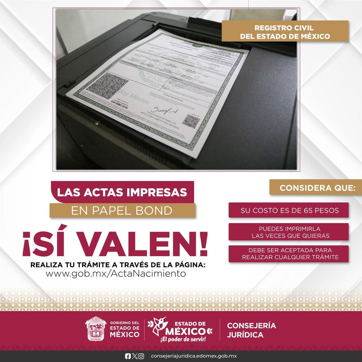 ¿Sabías qué?
Las actas de nacimiento impresas en papel bond ¡sí valen! La puedes usar para realizar cualquier tipo de trámite.
Para descargarla puedes ingresar a:
💻 gob.mx/ActaNaciemiento 

#ElPoderDeServir