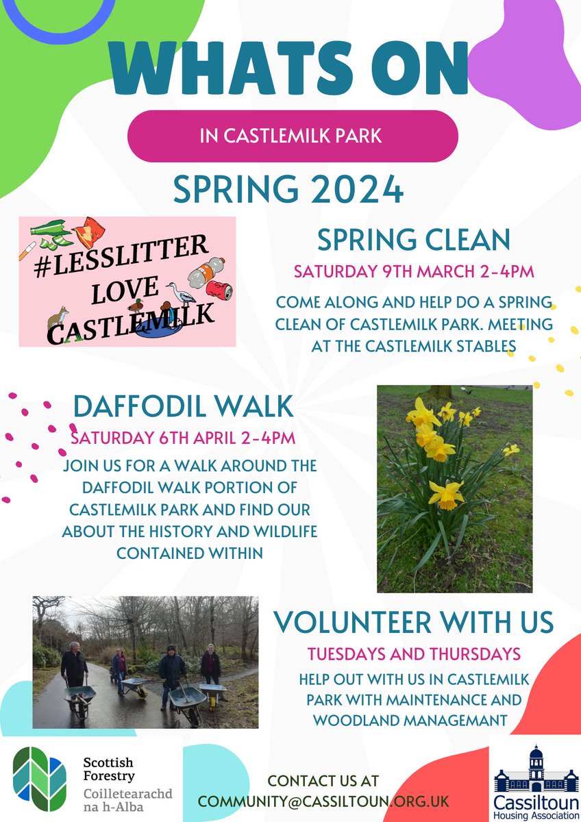 Up coming events in the Castlemilk Park? Sign us up! Join our Community Woodland Officer as he embarks on the big Spring Clean event and the Daffodil Walk this spring!💐🌼 Details below, for more info send us a message. All free and all welcome🌳🦺