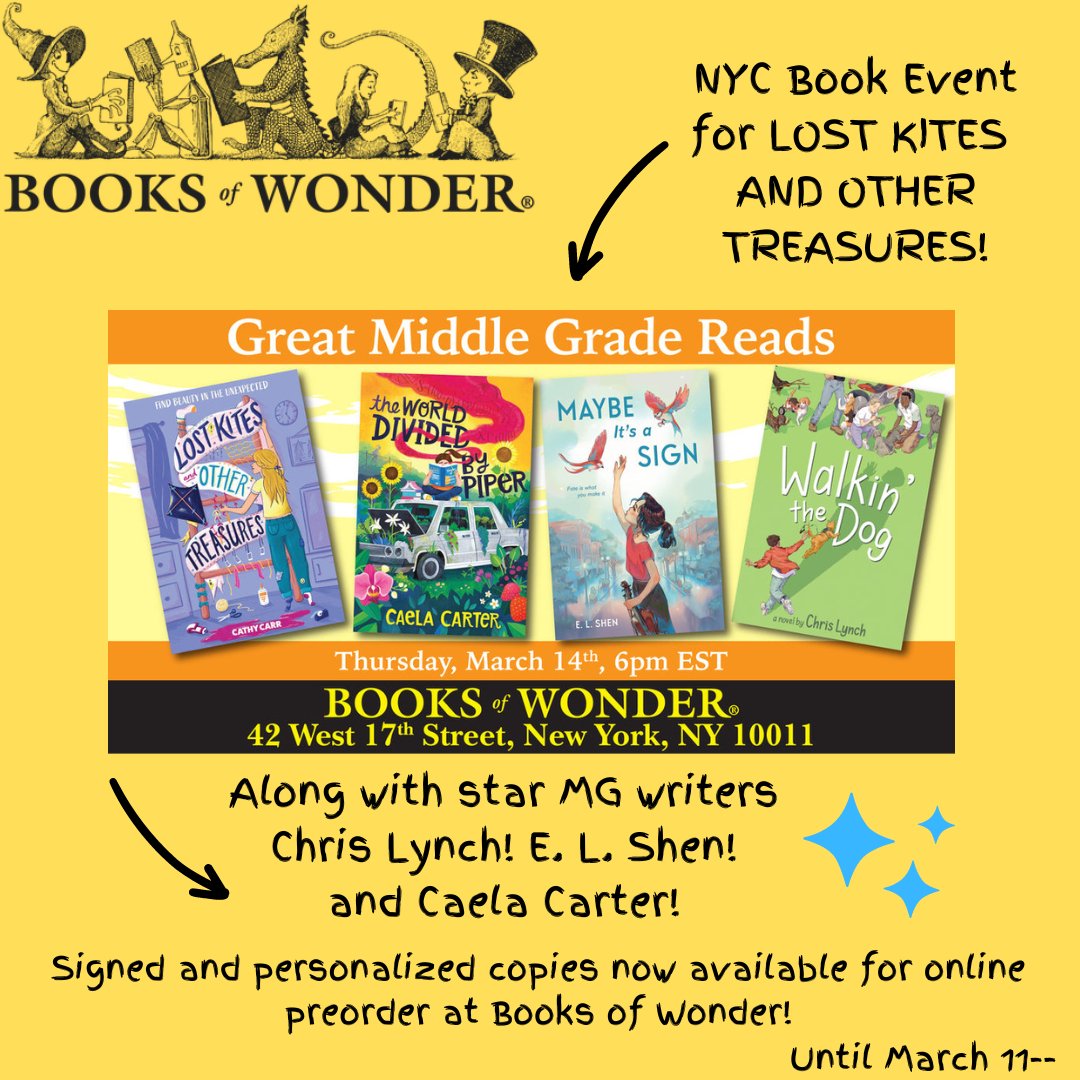 NYC-area peeps! Hope to see some friendly faces here. Look at the great authors I'm appearing with--Chris Lynch, @ELShenWrites, and @caelacarter! BTW, did you know you can order a signed copy of LOST KITES online from Books of Wonder? True until March 11. #abramskids #mglit