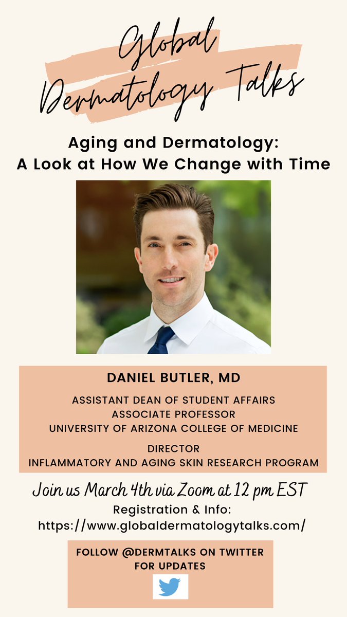 Curious about the science of aging? Then join Global Derm Talks on March 4th at 12 pm EST, as Dr. Butler dives into the latest research on #aging & #dermatology! ⏲️⌛️🧴 @DanielButlerMD @DermTalks Register here⬇️⬇️⬇️ zoom.us/WEBINAR/REGIST…