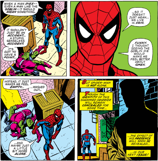 MarvelADay's tweet photo. #MarvelADay #ASM122 Wait, we actually have time for Subplot Theater? There's a shadowy figure who we'll see again in tomorrow's issue. He's just witnessed Goblin's death. What's he going to do about it? - VA https://t.co/ehqn2pgUF9
