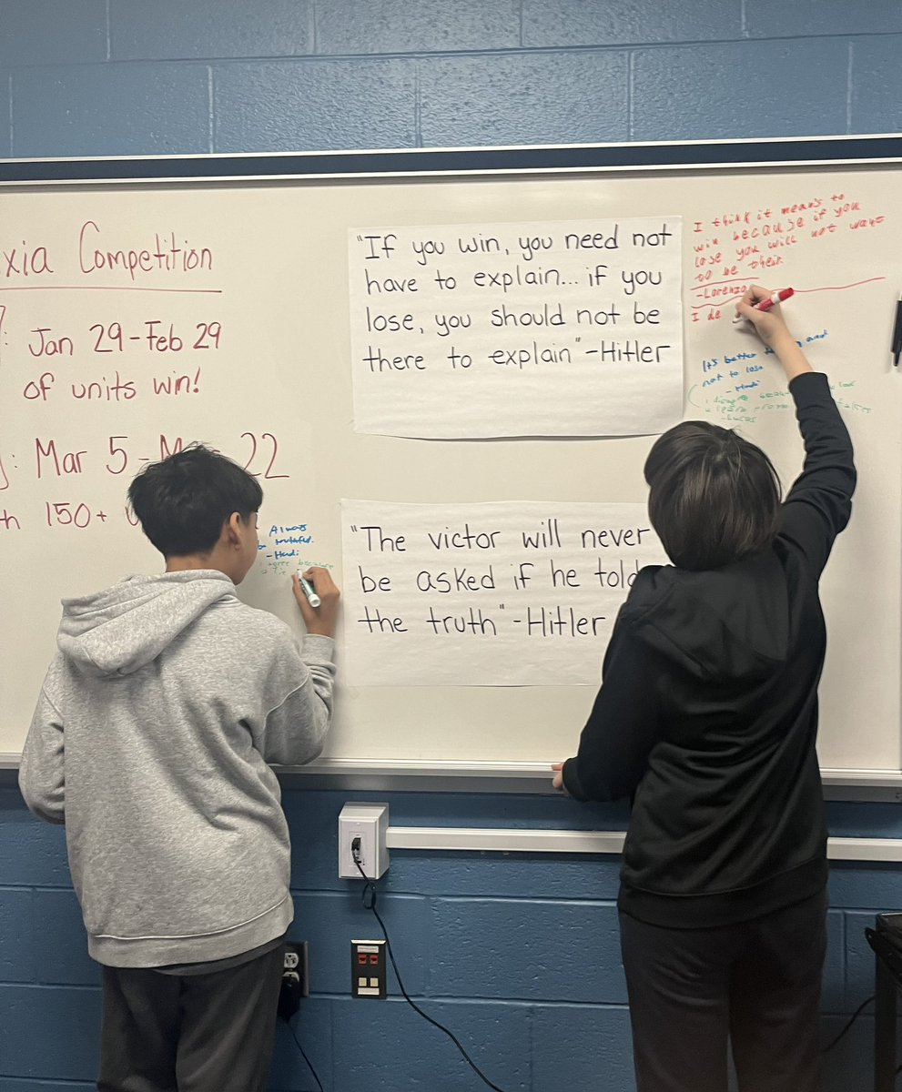 Nothing like a gallery walk of the horrible things Hitler said to get kids fired up first thing in the morning! For today’s Thinking Classrooms activity, 7th reacted to a collection of quotes and analyzed how those beliefs might endanger society #lrmsesolrocks