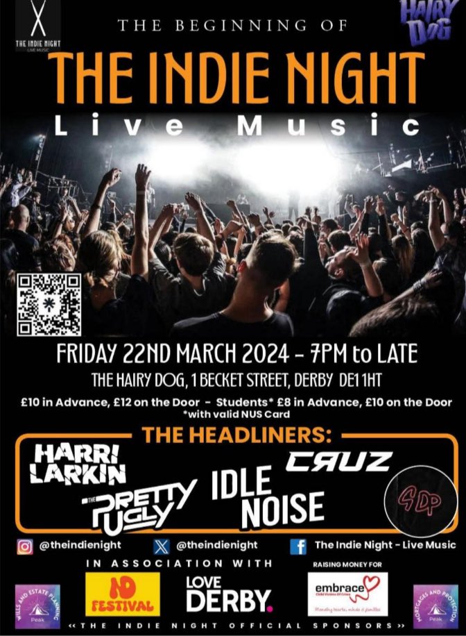 The new look ‘Indie Night’ poster in association with @love_derby and @festivalND and raising money for @EmbraceCVOC to support all of the good work they do! Tickets £10 adv (£8 for students). Ticket link below: gigantic.com/the-indie-nigh…