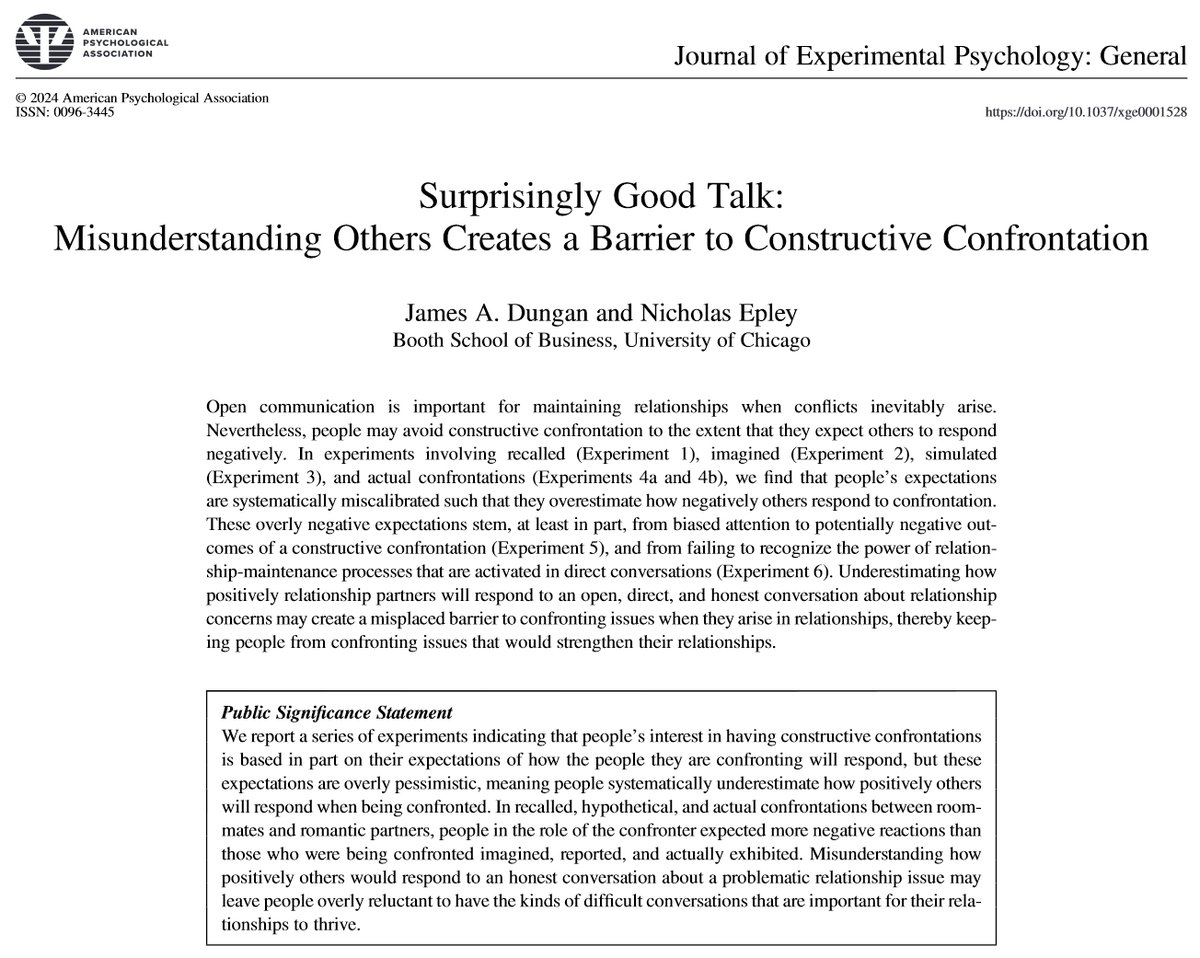 Difficult conversations are rarely as unpleasant as we expect. 7 studies: we're too pessimistic about leveling with friends & partners. We fixate on what could go wrong, overlooking what might go right. Relationships stagnate in silence. Candor opens the door to growth.