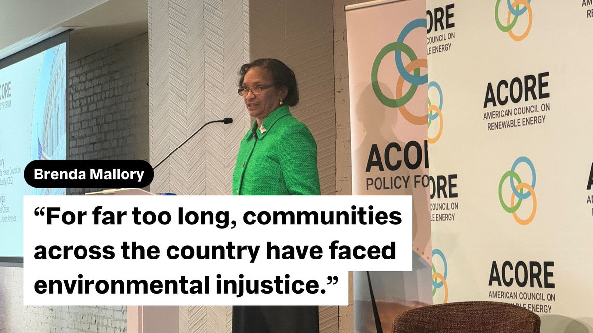Thank you to our second #ACOREPolicyForum keynote speaker, @WHCEQ Chair <a href="/BrendaMallory46/">Brenda Mallory</a>.

"For far too long, communities across the country have faced environmental injustice," she said and stressed the importance of putting "equity and environmental justice front and center."