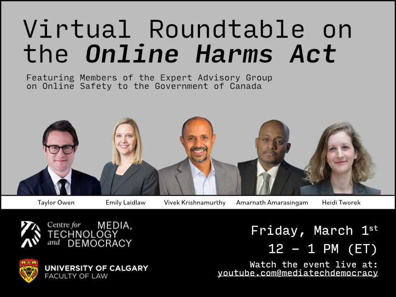 🚨Event Alert! 

Join CSDI's @HeidiTworek for a virtual roundtable hosted by @MediaTechDem exploring the nuances of Canada's proposed Online Harms Act. Delve into discussions on safeguarding our digital spaces for everyone.  

🗓️ Date: March 1   

🔗RSVP: forms.gle/Gx4kZDHije2YPw…