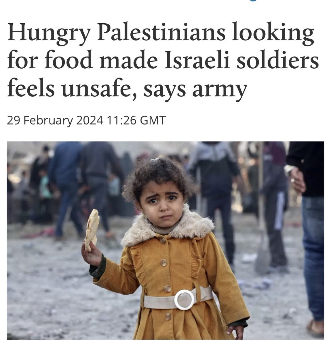 This is a real news headline Thousand of hunger Palestines where waiting to get food when the IDF opened fire killing over 100 people Even when they are slaughtering innocent civilians they play the victim