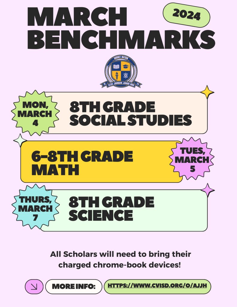 March Benchmarks will take place next week. It is important that scholars get plenty of rest and bring their charged chrome-book devices each day for testing. We know that our scholars are well prepared for their exams and will do great! #HornetNation #HornetPride 🐝💙