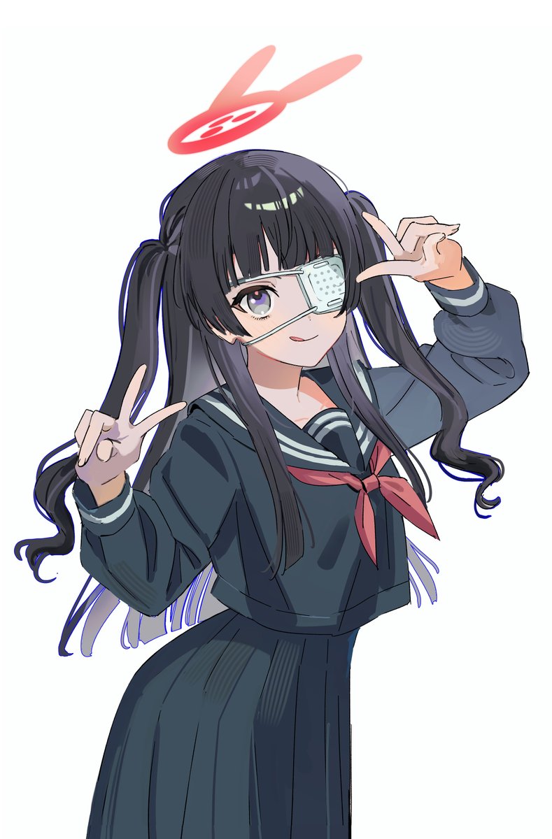 1girl black hair solo eyepatch school uniform long hair tongue  illustration images