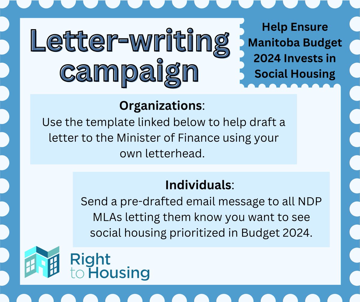Organizations click here for a template letter to the Minister of Finance: righttohousing.ca/template-lette… Individuals click here to send a pre-drafted email to NDP MLAs: righttohousing.ca/help-mb-budget… Visit our website for more info: righttohousing.ca
