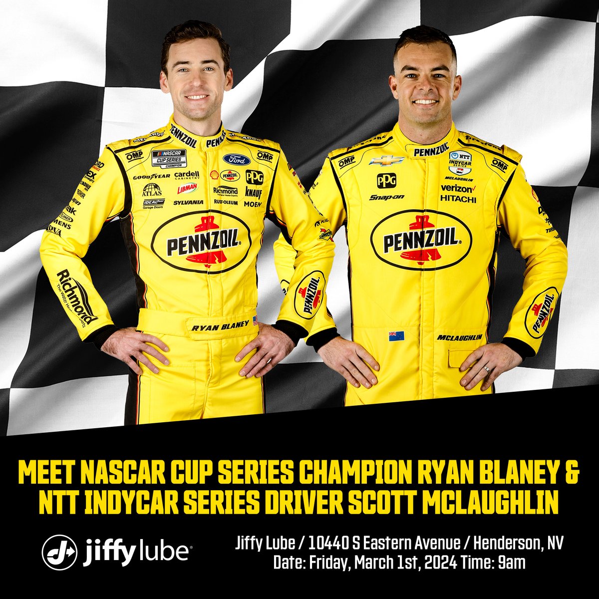 Meet #NASCARCupSeries Champion @Blaney and #YellowSubmarine #INDYCAR driver @smclaughlin93 tomorrow at Jiffy Lube in Henderson, Nevada before the #Pennzoil400 weekend 🏁 ⏰ 9 AM 🗓️ Friday, March 1 📍 Jiffy Lube 10440 S Eastern Ave Henderson, Nevada 89052