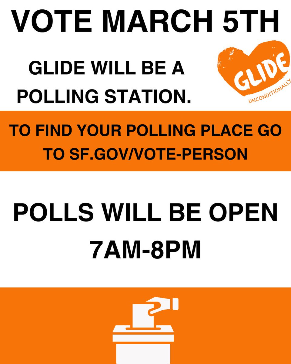 Exercise your right to vote at GLIDE, located at 330 Ellis Street, on March 5th, from 7am-8pm! Every ballot cast is a step towards positive change. Your voice matters, make it heard! #GlideCommunity