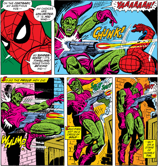 MarvelADay's tweet photo. #MarvelADay #ASM122 Norman attempted to skewer Spider-Man with his glider only for Spidey to duck, causing the glider to impale Osborn instead. Believe it or not, Norman stayed dead for quite some time! - VA https://t.co/vFuaCDjmRs