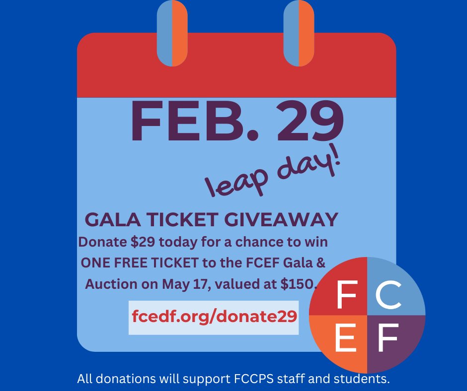 Falls Church Education Foundation (@fcefoundation) on Twitter photo One day only! Donate $29 to <a href="/FCEFoundation/">Falls Church Education Foundation</a> in honor of Leap Day for a chance to win a free ticket to our Annual Gala & Auction, coming up on May 17. #LeapDay One day only! Donate $29 to <a href="/FCEFoundation/">Falls Church Education Foundation</a> in honor of Leap Day for a chance to win a free ticket to our Annual Gala & Auction, coming up on May 17. #LeapDay