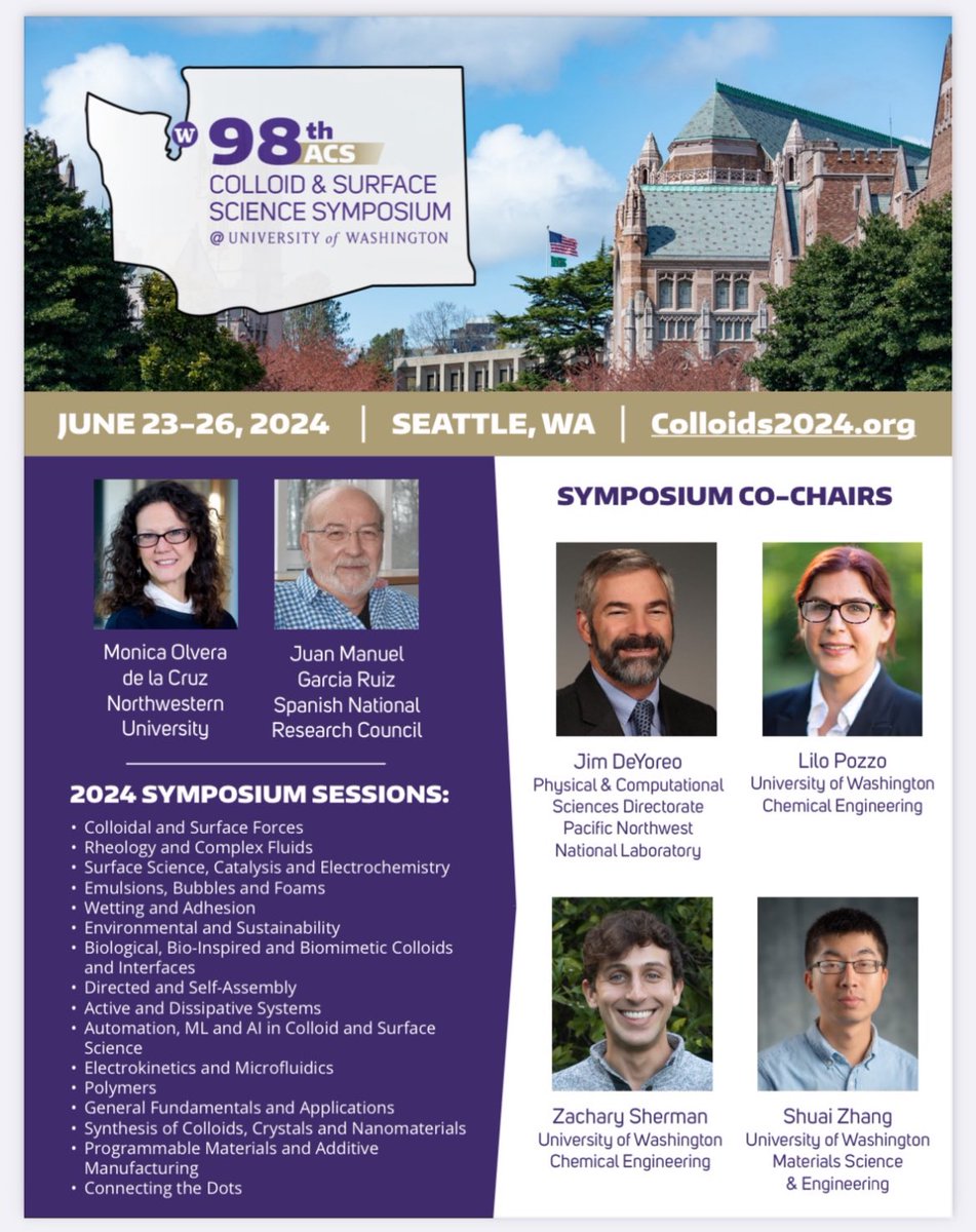 Last call! 📣Abstract submission to ACS Colloids closes tomorrow!! Join us on June 23-26 in Seattle to discuss colloids, sustainable materials, rheology, complex fluids, adhesion, self assembly and more! Colloids2024.org (Some of the speakers & organizers tagged here)