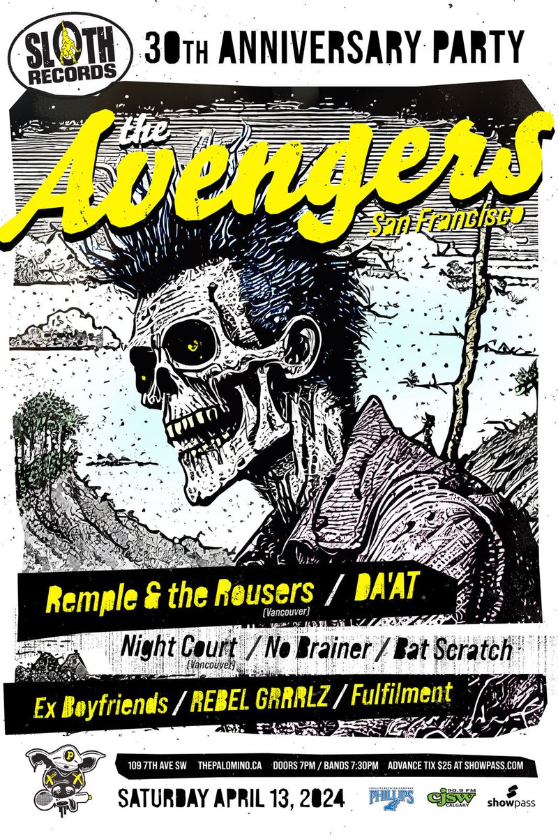 Sloth Records (@slothrecords) on Twitter photo Sloth Records 30th Anniversary Party <a href="/ThePalomino/">Palomino Smokehouse</a> on April 13th! Featuring The Avengers, Rempel and the Rousers, Night Court, DA'AT, No Brainer, Bat Scratch, Ex-Boyfriends, Fulfilment, and Rebel Grrrlz! Tickers on sale now:
showpass.com/sloth-records-… Sloth Records 30th Anniversary Party <a href="/ThePalomino/">Palomino Smokehouse</a> on April 13th! Featuring The Avengers, Rempel and the Rousers, Night Court, DA'AT, No Brainer, Bat Scratch, Ex-Boyfriends, Fulfilment, and Rebel Grrrlz! Tickers on sale now:
showpass.com/sloth-records-…