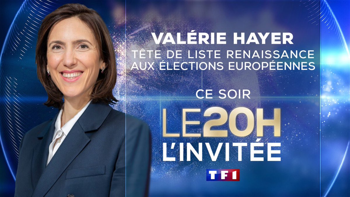 🔴𝐂𝐞 𝐬𝐨𝐢𝐫 dans #LE20H de @TF1 🗣️𝐕𝐚𝐥𝐞́𝐫𝐢𝐞 𝐇𝐚𝐲𝐞𝐫 (@ValerieHayer), tout juste désignée tête de liste du parti @Renaissance aux élections européennes, sera l’invitée de @GillesBouleau dans '𝐋𝐞 𝟐𝟎𝐇 𝐋’𝐈𝐧𝐯𝐢𝐭𝐞́𝐞' 📺Interview à suivre sur #TF1 cc @agindre