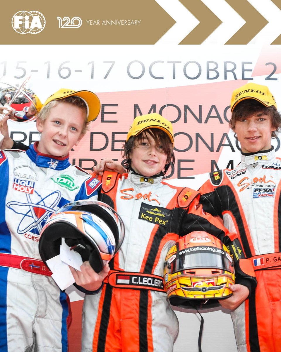 #ThrowbackThursday: Road to F1 - Rewinding to 2010, when @Charles_Leclerc & @Pierre_Gasly at the CIK-FIA Monaco Kart Cup shared a podium (with Dennis Olsen, left, now regular GT driver).

Celebrating 120 Years (1904-2024) #FIA120

©FIA Karting / KSP