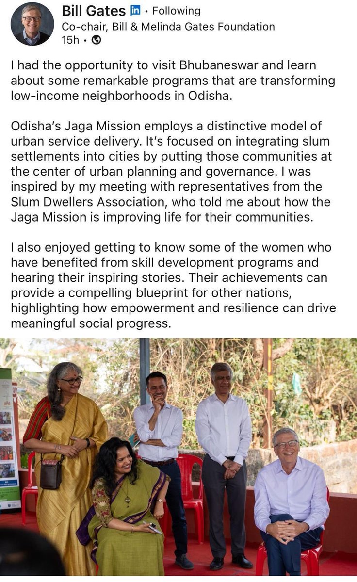 It was wonderful to interact with Mr Bill Gates on his trip to Odisha on 28.2.24 as he saw the transformation in some low income neighbourhoods in Bhubaneswar through community participation ……