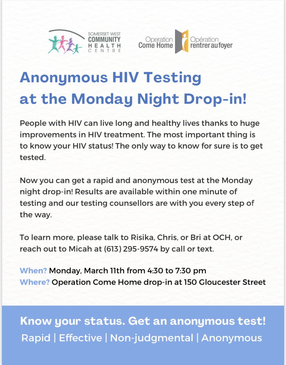 Hi everybody! FYI there will be anonymous HIV rapid testing available to our youth on Monday, March 11th in our very own drop-in. Testing counsellors will be available for questions &amp; support as well. The only way to know your status is to get tested! No shame involved!