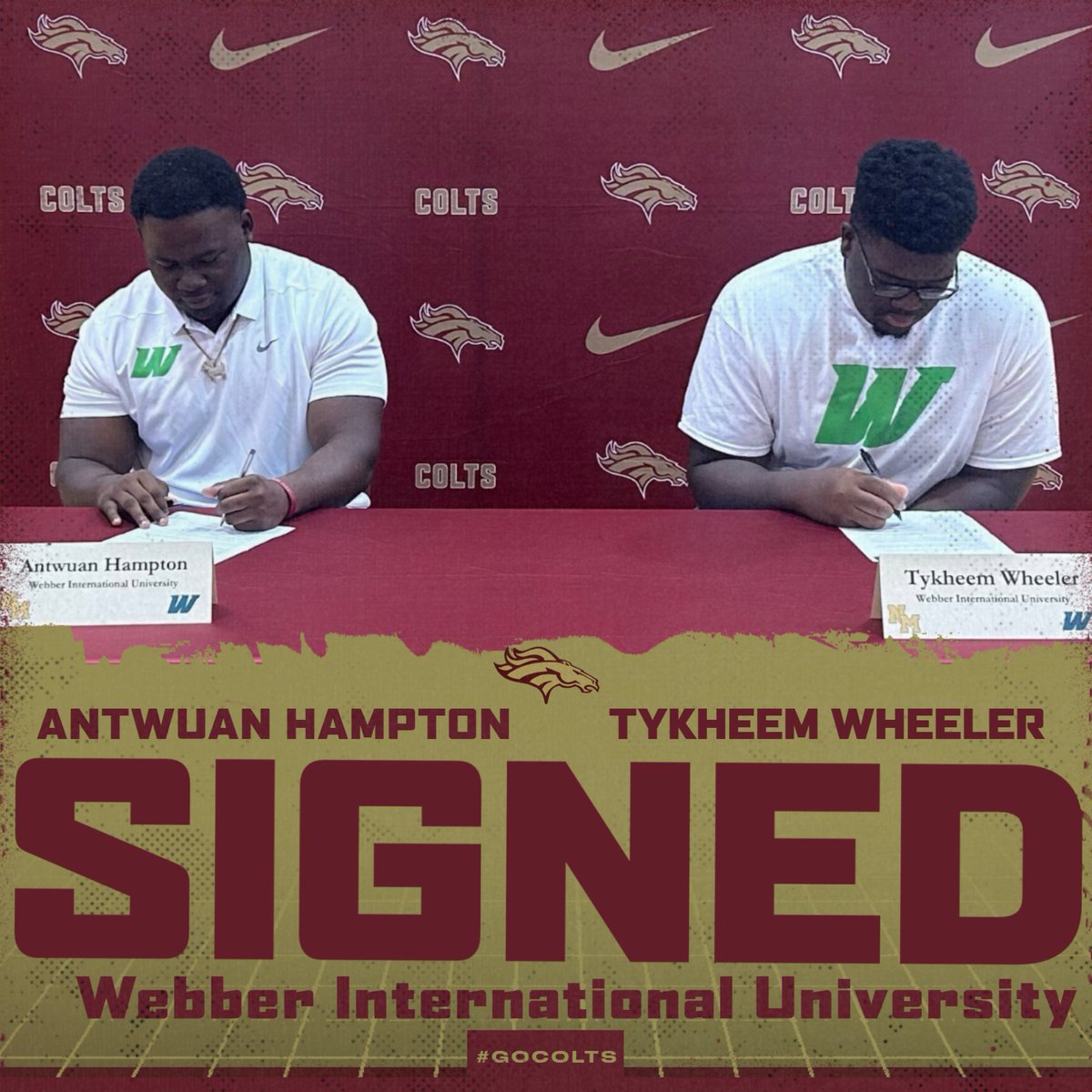 #COLLEGEBOUNDCOLTS

It's a great day when our student athletes commit to play at the next level.

Congratulations to Antwuan Hampton and Tykheem Wheeler on their signing.  Both will be continuing their careers at <a href="/WebberFB/">Webber Int'l University Football</a>!

#GoColts #GoWarriors