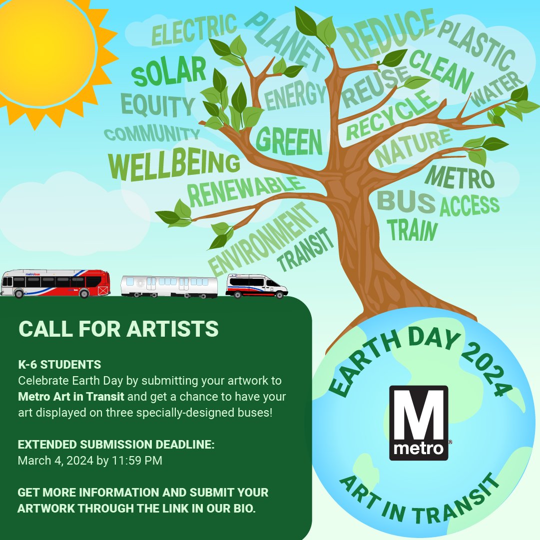 wmata's tweet image. 🎨#ArtinTransit invites all K-6 artists in the DMV! Show us how @metrorailinfo, @metrobusinfo, &amp;amp; #MetroAccess help our planet 🌎. Submit a drawing, collage, or painting by the extended deadline of Mon. 3/4: tinyurl.com/y3p7ajtx. #EarthDay #wmata