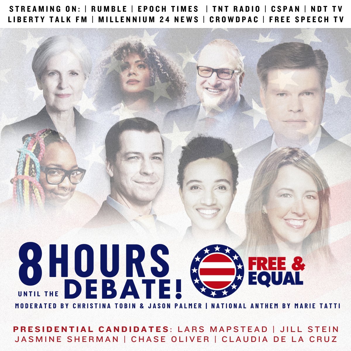 Counting down the hours! ⏰ Just 8 more hours until the Free and Equal Elections Foundation Presidential Debate lights up the stage at 8 pm EST tonight! 🎤🗳 Get ready for an evening of insightful discussions and make sure your voice is heard. The excitement is building – don't