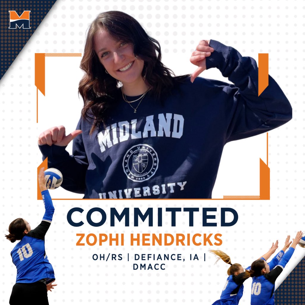 🚨 Commitment Alert 🚨 Congratulations to Zophi Hendricks on her commitment to Midland volleyball! Zophi joins our program this fall after two successful seasons at DMACC, where she was a 2023 First Team All-Region selection. Welcome to the Warrior Family! 🧡💙