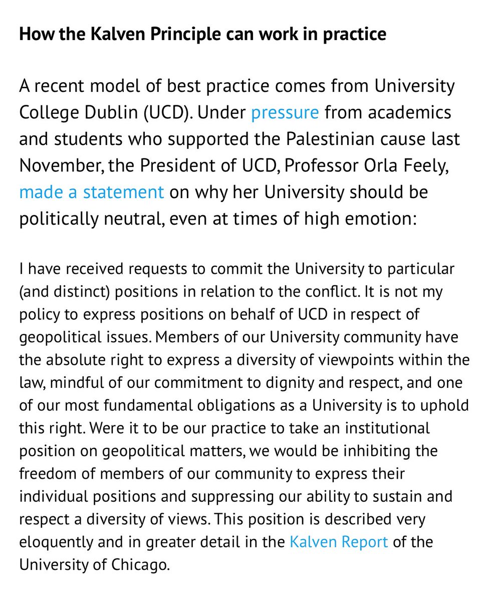 UCD President @OrlaFeely praised by Academics for Academic Freedom (@AFAF_freespeech) for appealing to the Kalven Report in her explanation of the necessity for universities to remain politically neutral. A ‘model of best practice’, @AFAF_freespeech said. @ucddublin @carlobrien