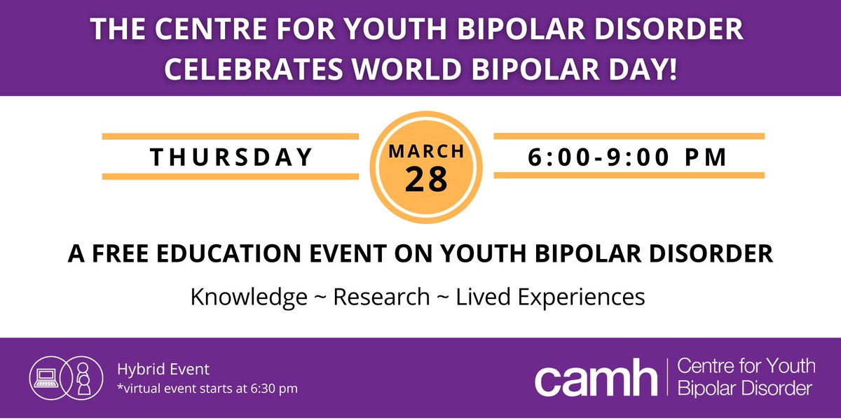 CYBD is celebrating #WorldBipolarDay on March 28th with our annual public education evening event! Open to anyone with an interest in learning more about youth #bipolardisorder! Learn more & register: cybdwbd2024.eventbrite.ca