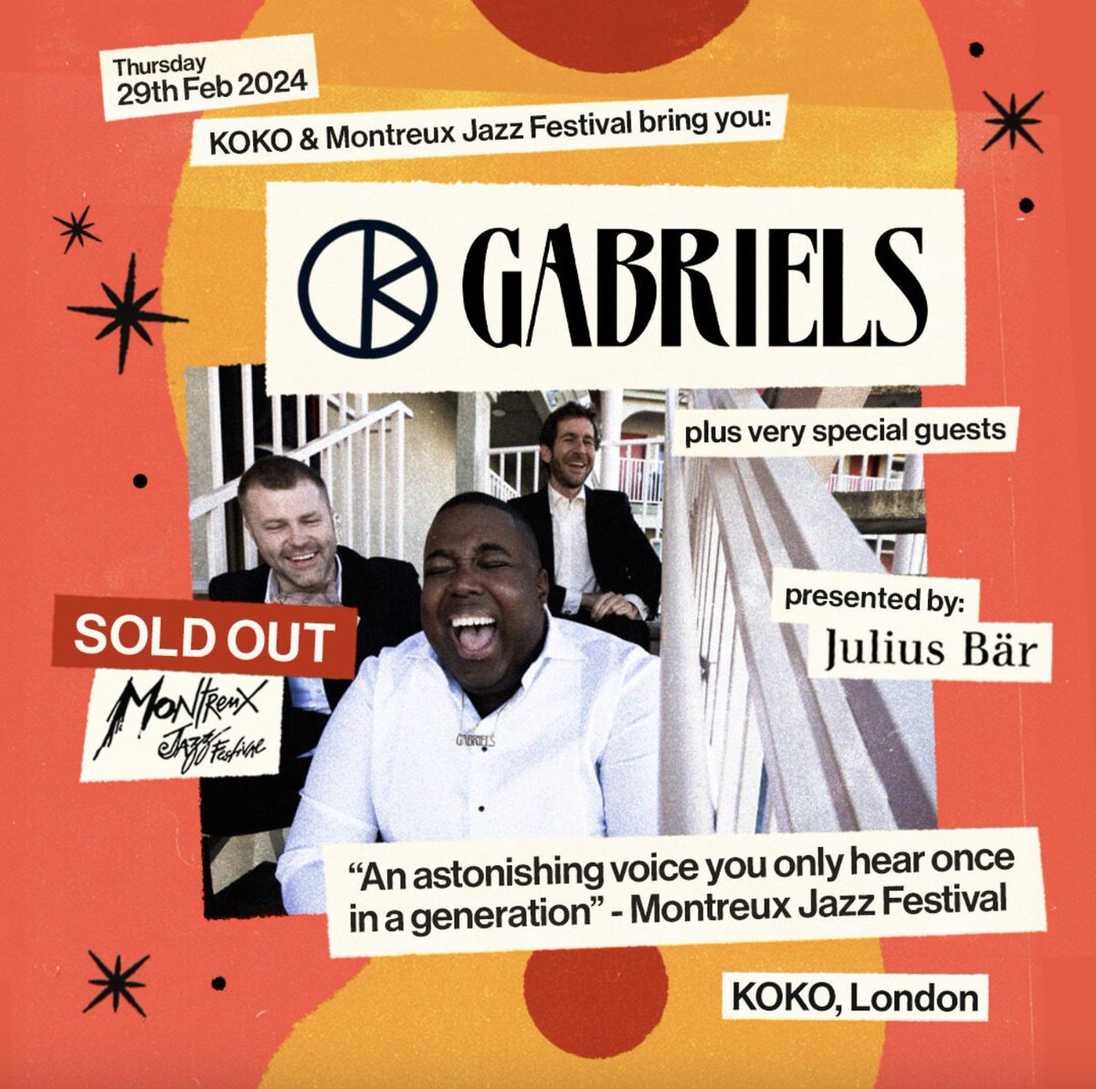 SET-TIMES for tonight's @___gabriels performance at #KOKO: 19:00 - Doors 20:00 - Special Guest Support 21:00 - Gabriels 23:00 - Curfew #Gabriels #KOKOLondon #JuliusBar #Montreuxjazzfestival