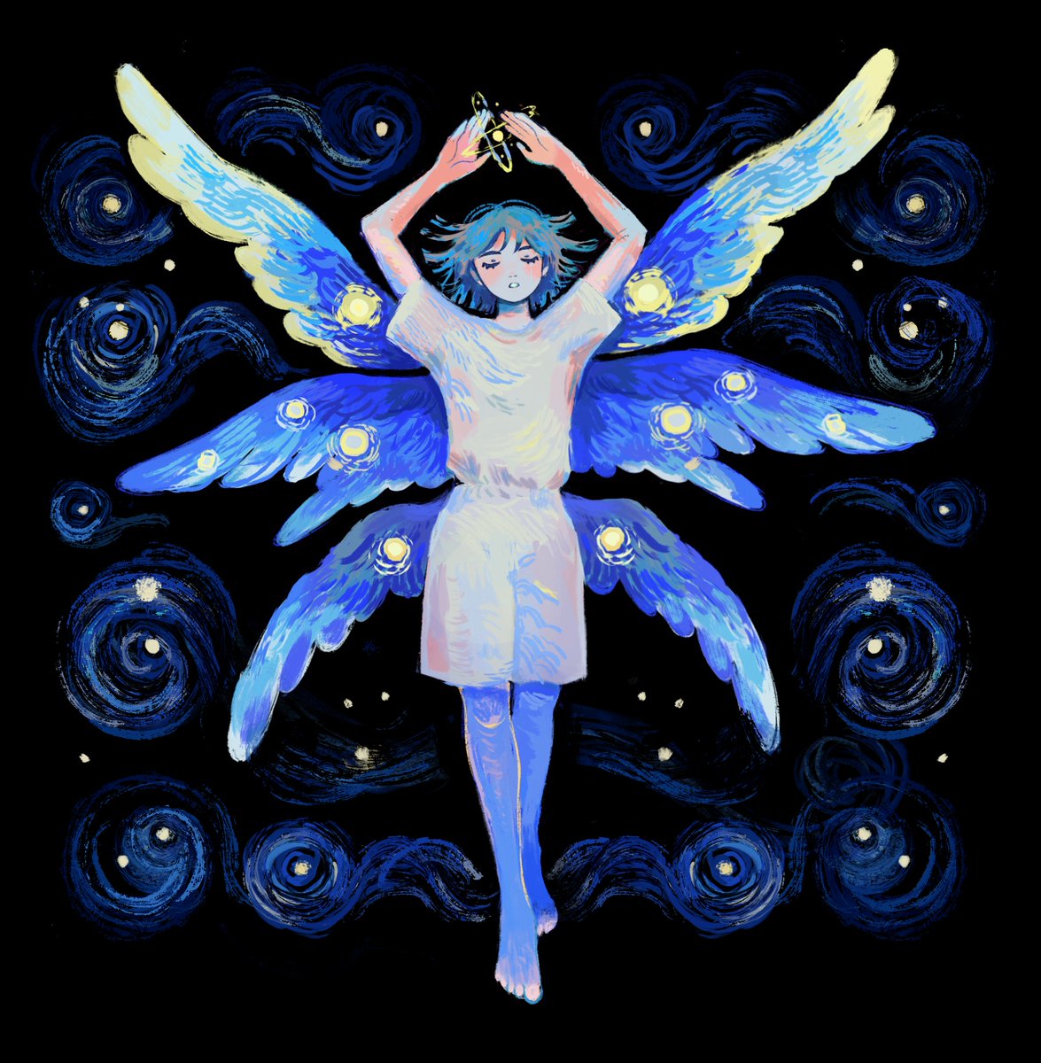wings solo arms up barefoot short sleeves black background blue hair  illustration images