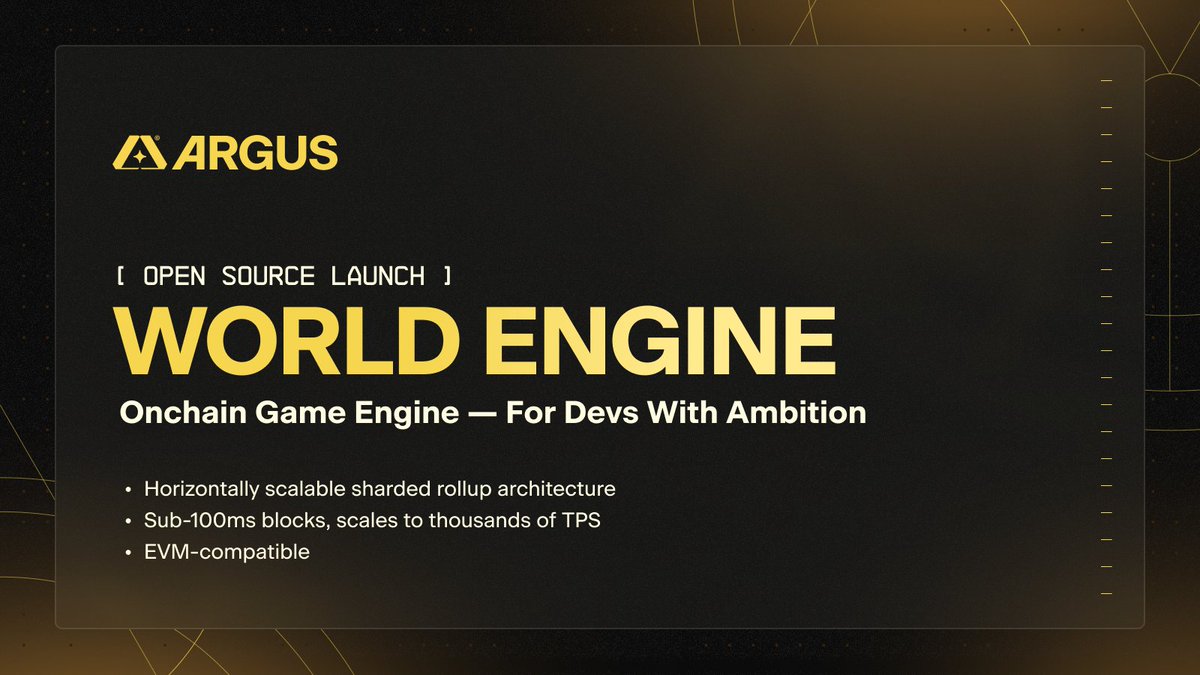World Engine ◢ ✦ ◣ (@worldenginegg) on Twitter photo We’re thrilled to unveil World Engine — the world’s first Gamechain SDK that utilizes Argus Labs’ novel sharded rollup architecture.
World Engine was used to run <a href="/DarkFrontierGG/">Dark Frontier ◢ ✦ ◣</a> production workload with 300K+ transactions and is now available to the rest of the world.
1/n 🧵 We’re thrilled to unveil World Engine — the world’s first Gamechain SDK that utilizes Argus Labs’ novel sharded rollup architecture.
World Engine was used to run <a href="/DarkFrontierGG/">Dark Frontier ◢ ✦ ◣</a> production workload with 300K+ transactions and is now available to the rest of the world.
1/n 🧵