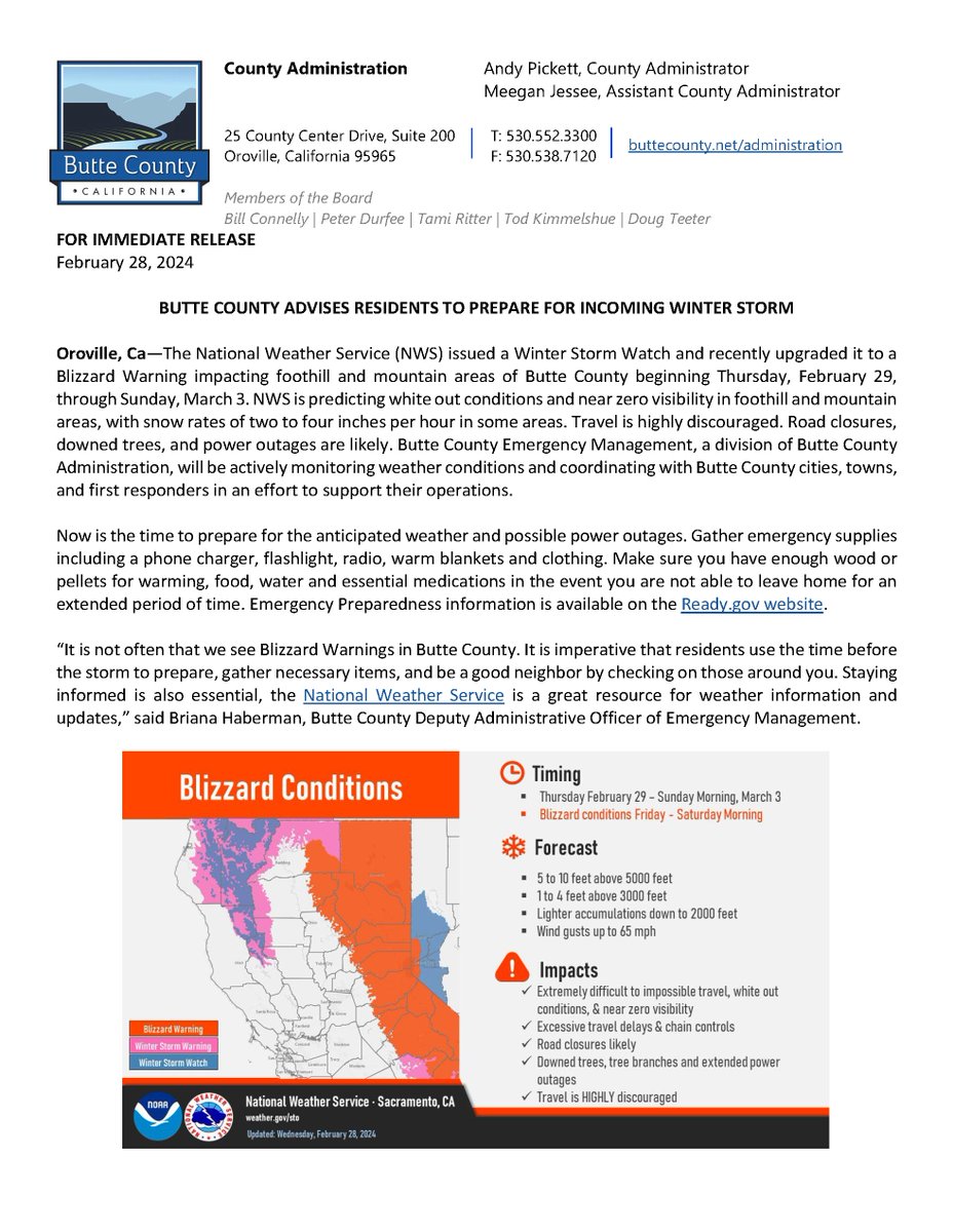 Butte County Advises Residents to Prepare for Incoming Winter Storm. Read the Press Release Here: buttecounty.net/CivicAlerts.as…