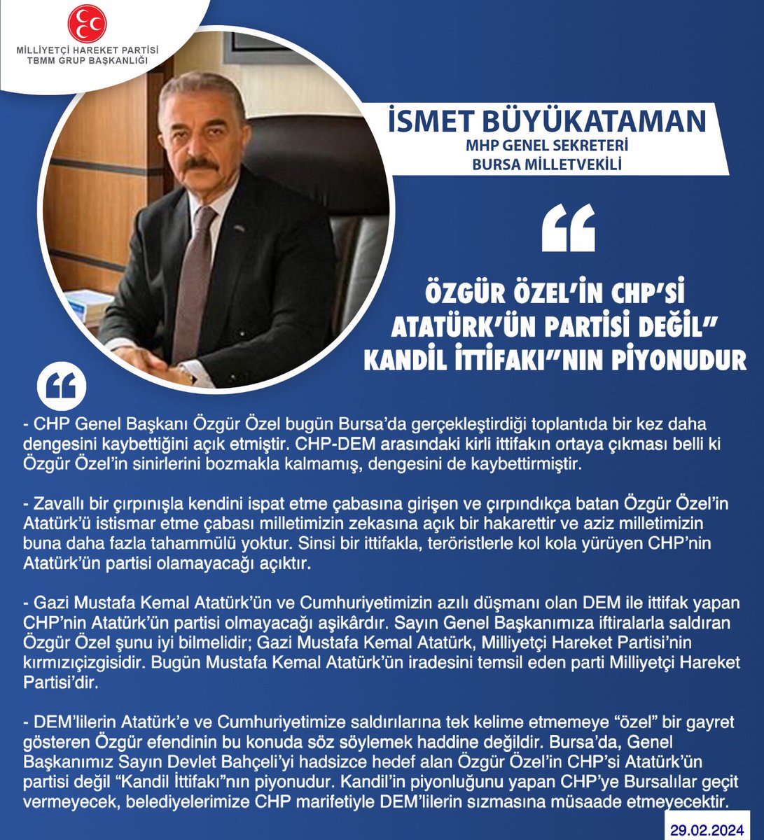 MHP Genel Sekreteri ve Bursa Milletvekilimiz İsmet Büyükataman @buyukataman: Özgür Özel’in CHP’si Atatürk’ün partisi değil “Kandil İttifakı”nın piyonudur