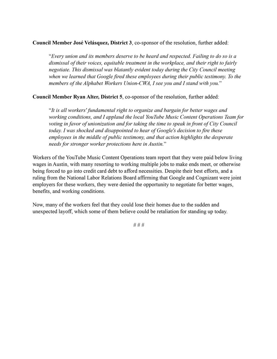 Today, while testifying in front of city council regarding their efforts to bargain in good faith, YouTube Music Workers were laid off. Please see our full release on the resolution passed by Austin City Council in support of the workers. #atxcouncil #atxnews