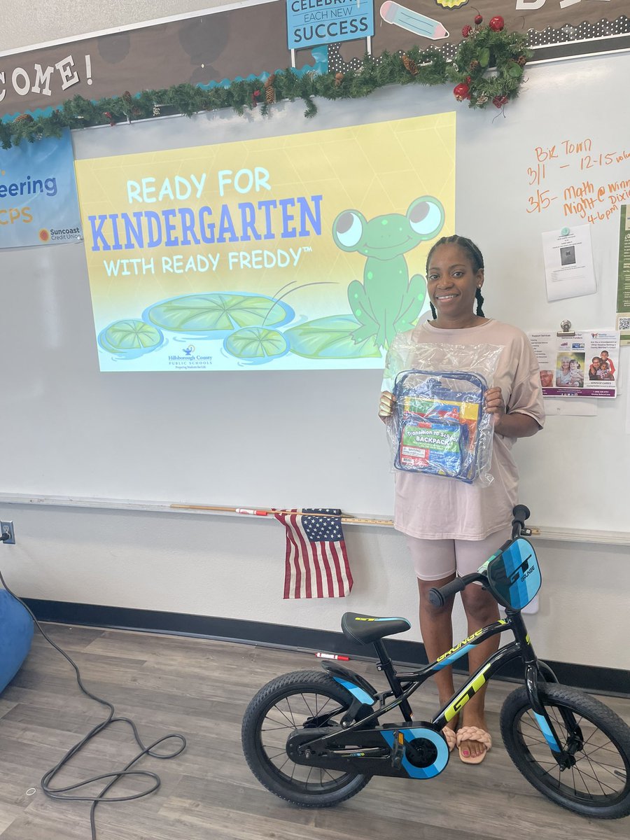 Winner! First parent to show at #KindergartenReadiness meeting - so your preschooler now has a brand new bike and a @LakeshoreLM Transition to school backpack. Thank you for visiting the PRC today! @Frameworks_TB @HcpsMango @HillsboroughSch @TransformHCPS