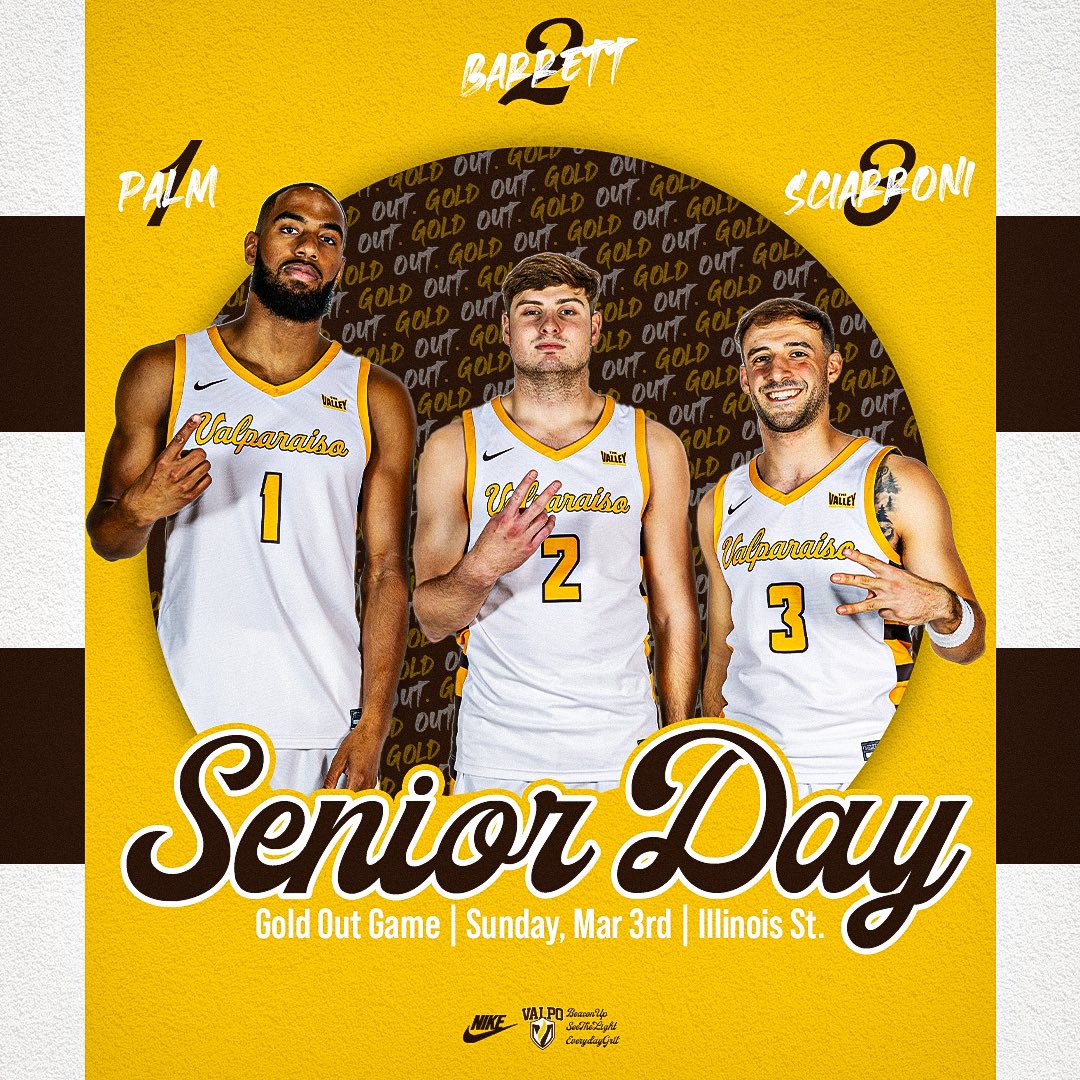 Senior Day ➡️ GOLD OUT 🌟 💛 Free Gold Valpo t-shirts to the first 300 fans! 🎟 Get your tickets now at bit.ly/MBB-Senior-Day #BeaconUp #SeeTheLight #EverydayGrit