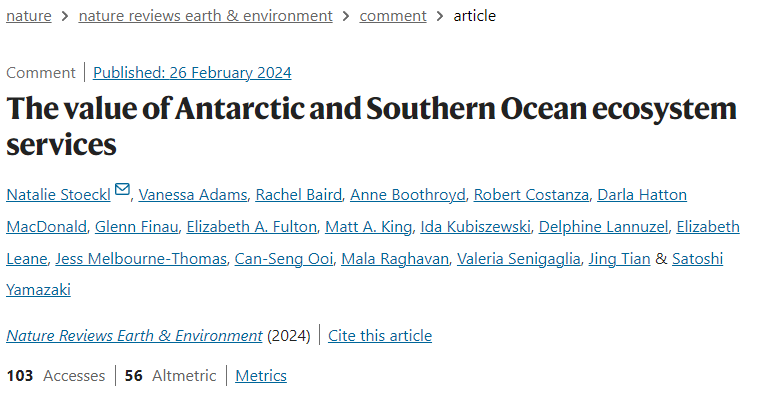 The value of Antarctic and Southern Ocean ecosystem services This new Comment estimates that Antarctic tourism, fisheries, and related services are valued at ~US $180 billion annually, highlighting their importance nature.com/articles/s4301… rdcu.be/dzZZJ @DeformedEarth