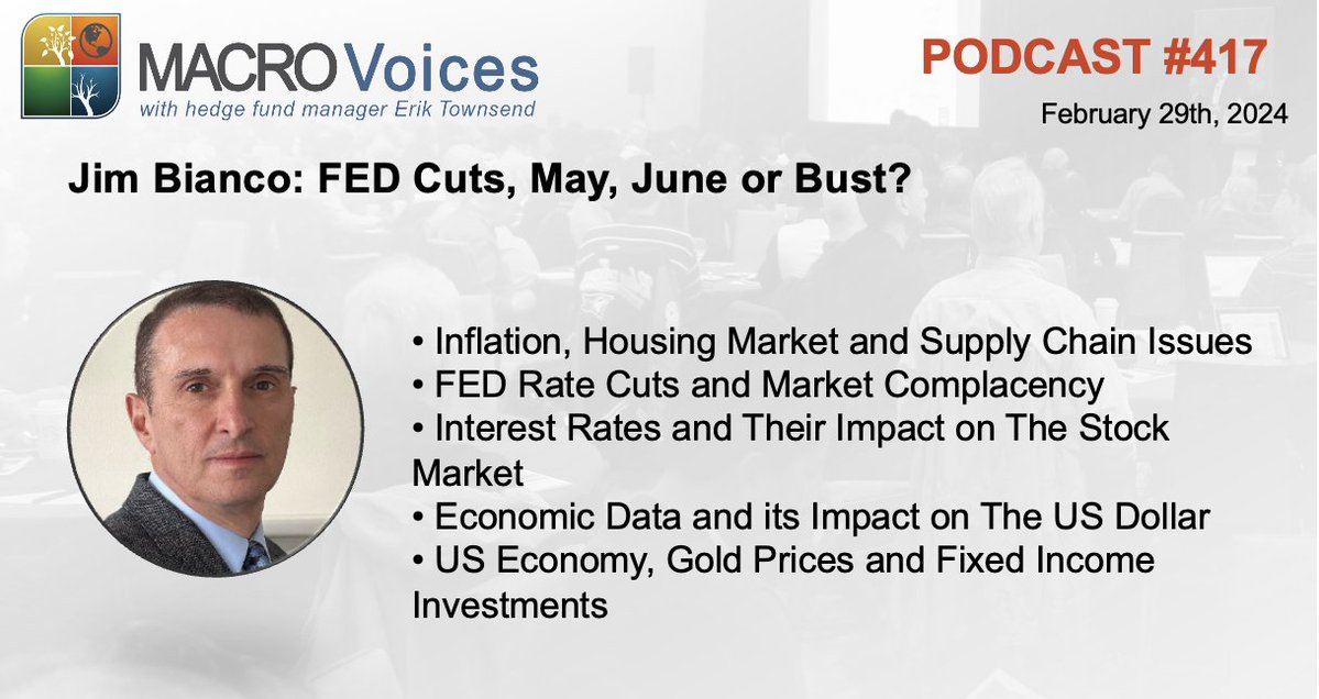 MacroVoices @ErikSTownsend & @PatrickCeresna welcome back Jim Bianco @biancoresearch. Erik & Jim discuss inflation, fed policy, and why Jim thinks the Fed has to start cutting in May or June or else not cut at all before the November election. bit.ly/4bTgzH4